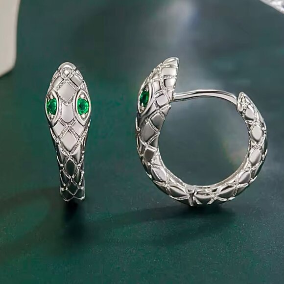 NWT Huggie Hoop Snake Earrings 14K Gold Plated Green CZ Minimalist Dainty - Picture 4 of 10